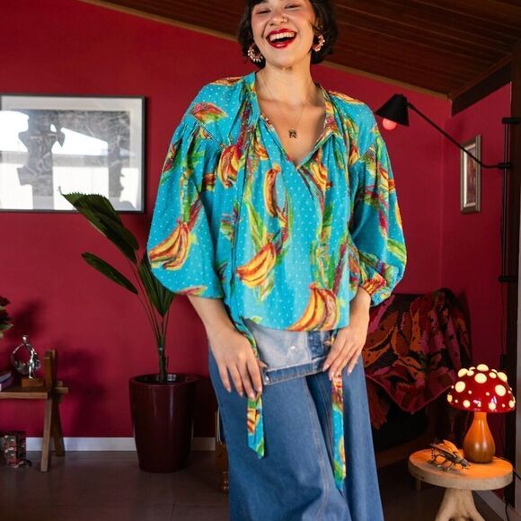 Farm Rio Banana Sky Blouse Size XS NWT Tie Neck Swiss Dot Cotton Balloon Sleeve - Picture 2 of 12